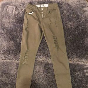 VIP Jeans olive green size 1/2 buttonfly distressed cotton/rayon/spandex